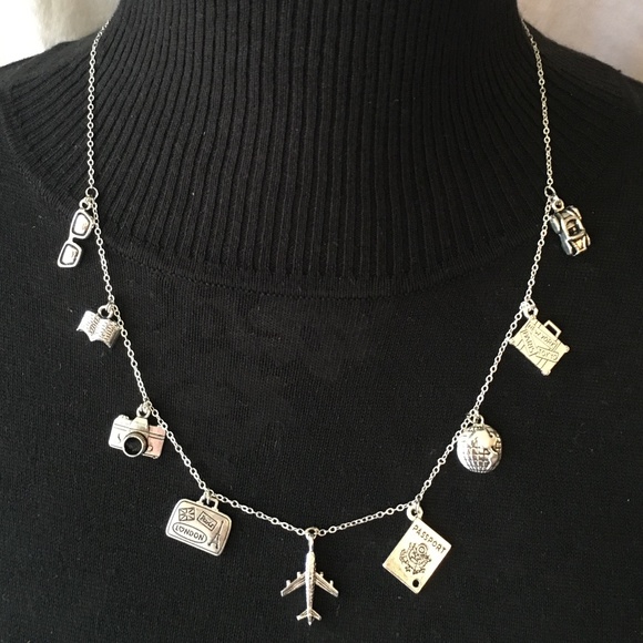 “World Traveler" Handmade Silver Travel Charm Necklace, Suitcase Plane Passport - Picture 5 of 13